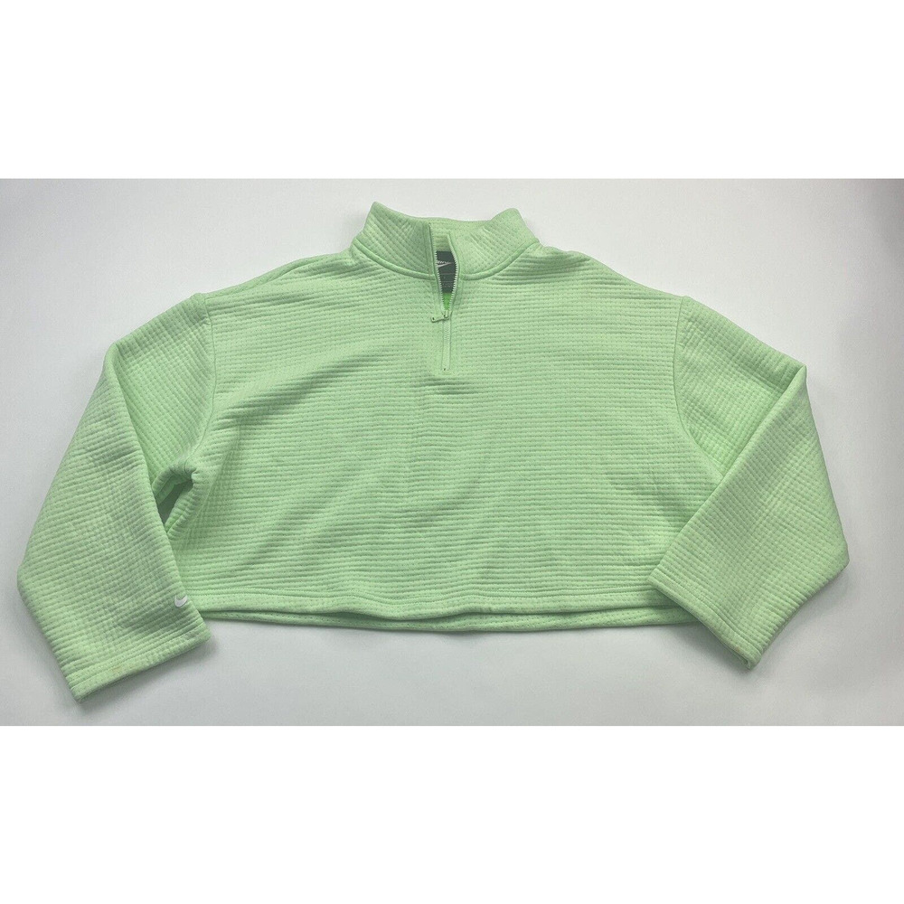 Nike Womens Cropped Sweater Solid Green Waffle Knit 1/4 Zip Oversized Size Small